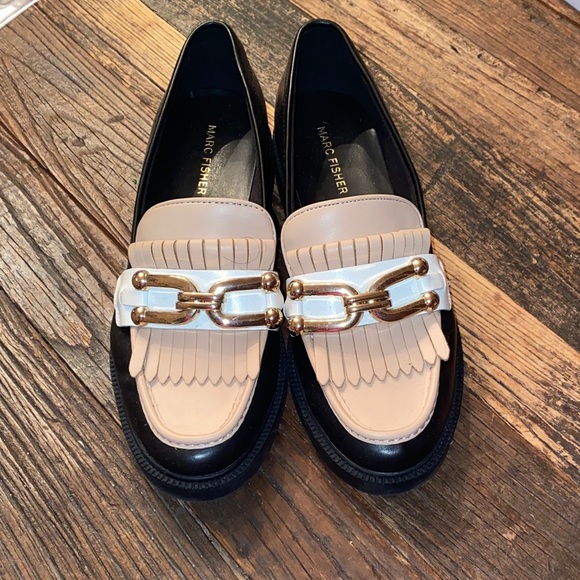Marc Fisher Black and Cream Loafers with Gold Accents - Picture 1 of 6